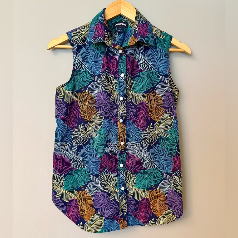 Lands' End Multicolor Leaf-Print Sleeveless Button-Down Top Tropical Vacation